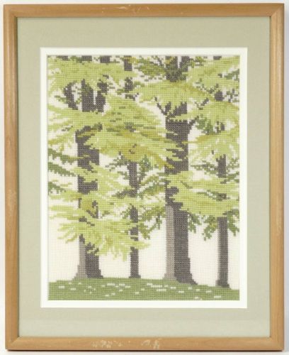 Vintage Cross Stitch Embroidery Handmade Forest Trees Finished Product Wooden Framed Wall Hanging Width 26cm Height 32cm Fashionable Wall Interior TSM