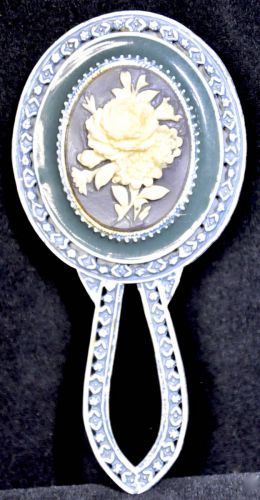 売り切り!　ビンテージ　アメリカ　ニューヨーク　Florenza社製　 ハンドミラー　白い花のカメオと全体の青が綺麗な手鏡　FAB