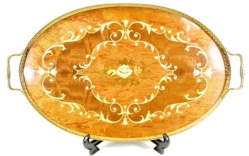 50% off! Vintage Italian wooden oval tray with floral design inlay Brass handle and rim Oval European beautiful gem AYS