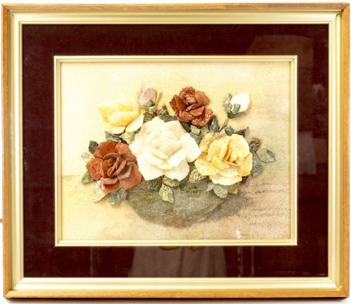 50% off! Showa Vintage Natural Stone Painting Framed Item Width 60cm Height 51cm A gem that looks like a beautifully blooming rose using more than 10 kinds of stones mined all over the country HYK