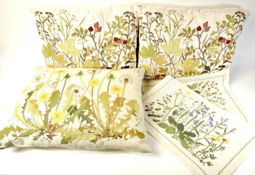 Vintage Cross Stitch Cushion Placemat Set of 4 Botanical Pattern Embroidery Handmade Width 43cm Height 34cm TSM