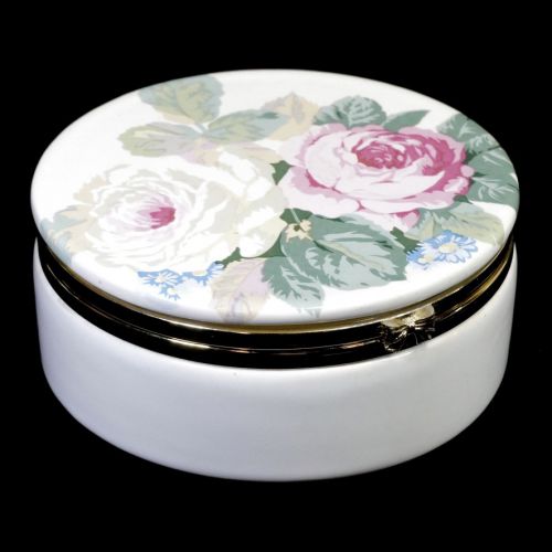 Sold out! European vintage porcelain round jewelry box with mirror rose pattern 3 compartments accessories accessory case diameter 14 cm ATN