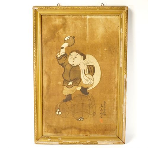 30% off! Historical Izumo Taisha Tamayama Seven Lucky Gods Daikokuten Hand-drawn silk book Lucky painting drawn by the monk of Izumo Taisha Tasteful framed product Height 52 cm ATM