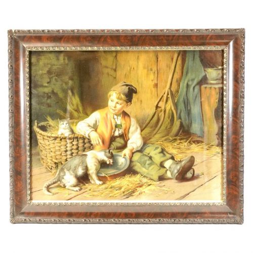 50% off! Art Print Poster Relief Painting "Boy Giving Water to Cats" Size 6 Width 50cm Height 41cm
