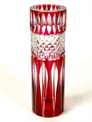 Made in Belgium Valsan Lambert Crystal Glass Hand-cut Ruby Flower Base Belgian Royal Warrant Diameter 6.5 cm Height 20 cm SHM