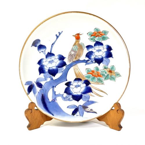 Japanese antique! Bakumatsu-Meiji Period, Koimari, Imari Ware, Dyeing Irohon, Gold Flower and Bird Crest Decorative Dish with Dish Stand, Marked Diameter, 29 cm, SHM