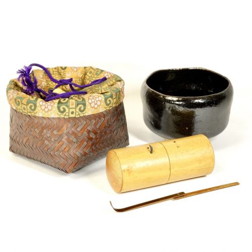 Showa Vintage Tea Utensils Portable Nodate Set Raku Ware Matsuraku Kiln Matcha Tea Bowl, Folding Chashaku, Nodate Basket 3 Pieces Assortment Tea Bowl (10 cm in diameter, 13 cm in height) SKA