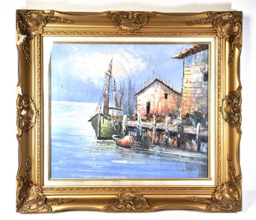 Sold Out! Oil Painting Landscape Painting "Wharf Landscape" C.KOGA Inscription No. 10 Size Collector's Collection Antique Painting Framed IKT