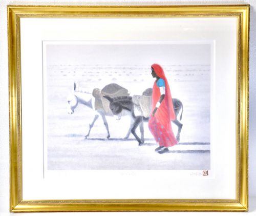 30% OFF! Hideo Hasebe "Going with a Donkey" Original Lithograph Limited 15 copies 8/15 Genuine Painting Framed Size 10 IJS