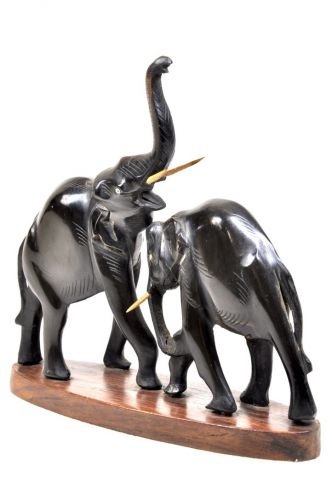 50％OFF！　ビンテージ　水牛の角　手彫り番いの象 　ハンドカーブドオブジェ　直径18cm×高さ17cm エステートセール YAY