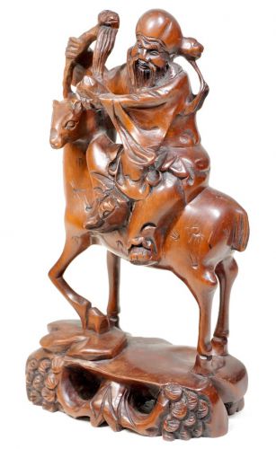売り切り！　中国古玩　中国古美術　細密一刀彫　玄鹿に乗る寿老人像　高さ18cm 一本の木から彫刻し作られた素晴らしい逸品！ 唐物 KNA