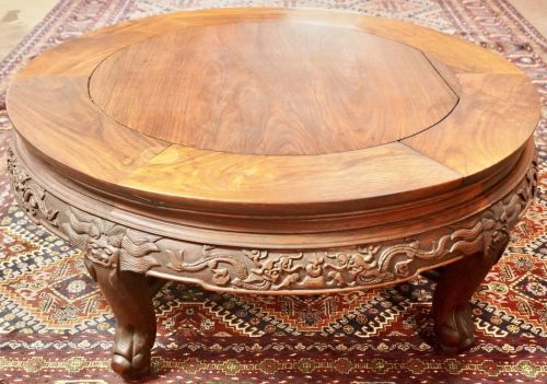 Chinese Antique Chinese Antique Low Table, Round Table, Karaki Ebony Wood, Early 1900s, Qing Dynasty, Chinoiserie Dragon Fine Carving, Diameter 91cm, Height 36cm AYS