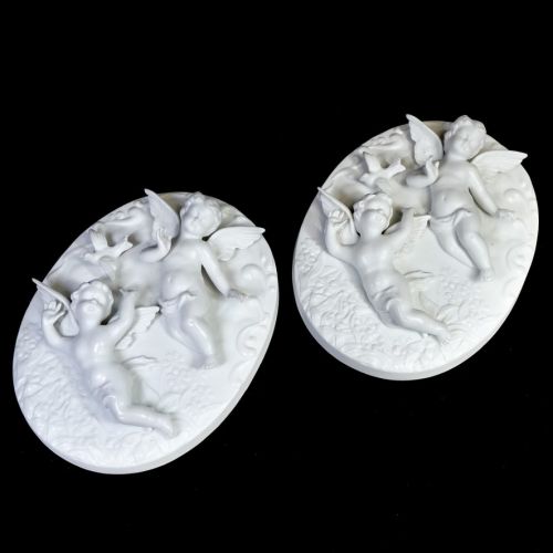 European vintage pottery relief 2-piece set Object Aroma stone miscellaneous goods Height 15 cm Two angel statues are a wonderful relief ATN
