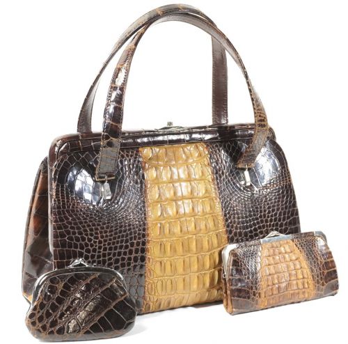 Made in France Caiman tall crocodile Handbag with 2 coin cases Exotic leather Height 31 cm A gem with a genuine solid feeling ATN
