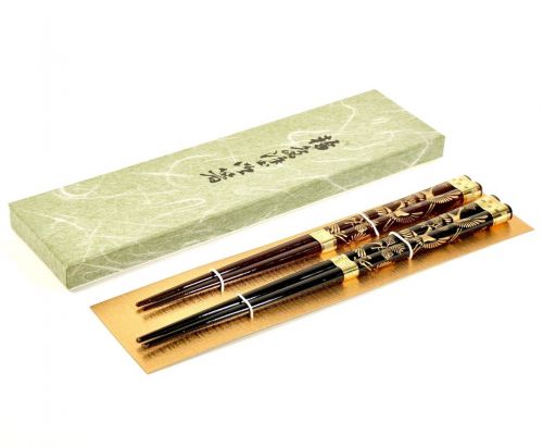 Sold out! Wajima Lacquer Chopsticks with Flying Crane Crests Motoki Lacquerware Both Boxes Unused Detstock Length 22.5cm/21cm Black/Brown 2 Pairs Estate Sale HYK