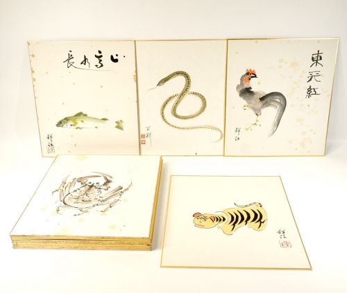 Tasteful hand-painted colored paper pictures, set of 20, inscription, ink, watercolor, tea utensils, haiku, tanka, tiger, dog, fish, birds, and more Spring, summer, autumn, winter, men and women of all ages.