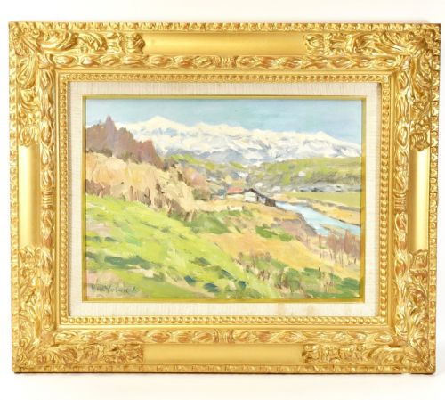 Toshie Yoshida "Early spring upstream of the Saigawa River" Oil painting Landscape mountain range Size 8 Painting Art Framed item Width 50cm Height 41cm Selected for the Issuikai Nitten HYK