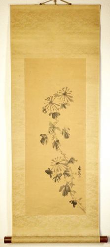 Late Edo period, by Tanibuncho, hanging scroll, chrysanthemum, handwriting on paper, co-box, collection of a historic old family, copy, estate sale, SHM