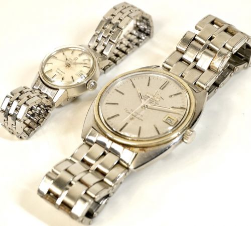 OMEGA Omega 1960s hand-wound wristwatch (right) Constellation (left) Seamaster SHM with the name of the long-established Swiss watch shop TURLER