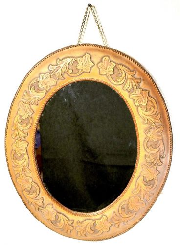 50% off! Vintage Handmade Wall Mirror Leather Oval Diameter 47cm Height 57cm! A gem with a wonderful aged taste! ISM