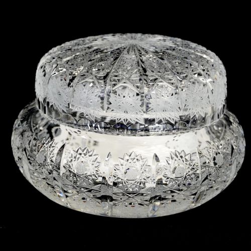 50％OFF! ビンテージ チェコスロバキア ボヘミアクリスタルガラス 蓋付キャンディーポット ハンドカットフラワーベース　直径15㎝　ATN