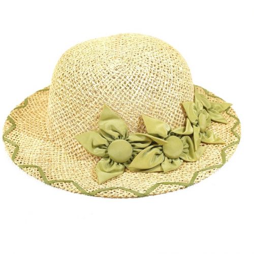 50％OFF！　ビンテージ　麦わら帽子　ボーラーハット 子供用サイズ　54㎝　ディスプレイとしても 淡い緑のリボン装飾が素敵です！　ATN