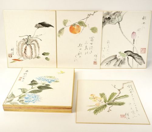Tasteful hand-painted colored paper paintings, 20 pieces, signature products, ink paintings, watercolor paintings, tea utensils, haiku, tanka, flowers, fruits, vegetables, etc. A wonderful picture that can be enjoyed by men and women of all ages.