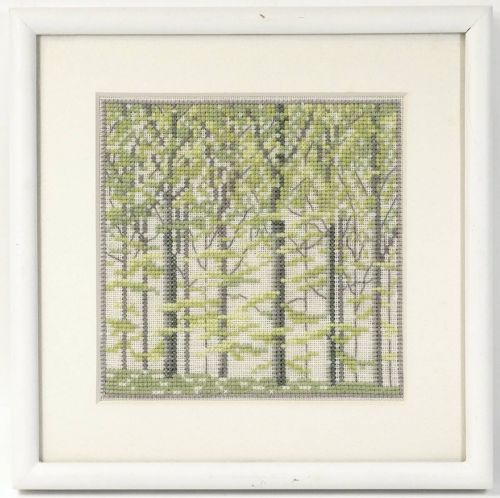 Vintage Cross Stitch Embroidery Handmade Forest Trees Finished Product Wooden Framed Wall Hanging Width 21.5 cm Height 22 cm Scandinavian Wall Interior TSM