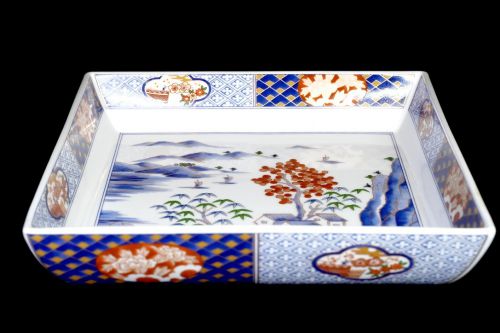 50% off! Showa vintage Imari ware Daigo kiln color picture Roukaku mountain water pattern square bowl Diameter 25 cm! Estate Sale NMN