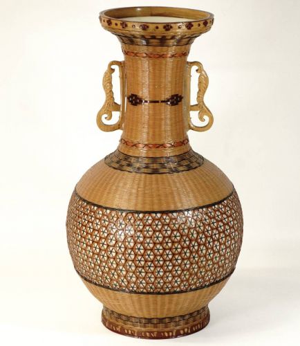 Chinese antique Chinese antique art Sichuan bamboo vase with ears Diameter 20 cm Height 35.5 cm A gem of finely woven bamboo in a ceramic vase! TKM