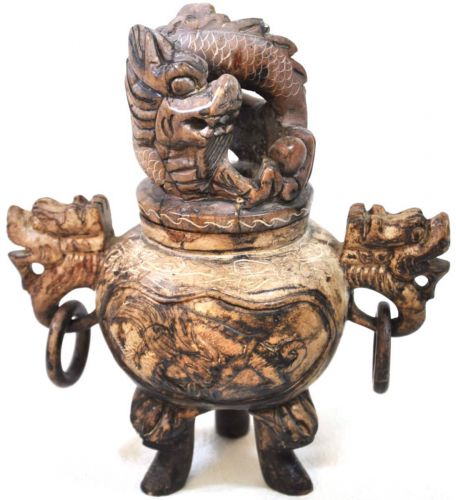 Sold out! Chinese antique Chinese antique art Ssangyong crest with earrings Ssangyong jar Three-legged incense burner Kotobukiyama stone Buddhist utensils Tea utensils Width 15.5cm X Depth 10cm X Height 16cm KMM