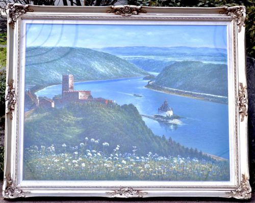 K.NONAKA's "European River Used Castle Haruno Map" Beautiful Landscape Painting Framed No. 50 Size Diameter 136 cm Height 111 cm IHO