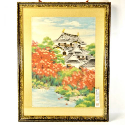 Showa Vintage Isesaki Meisen Combined Kasuri Japanese Handwoven Technology Preservator: Mr. Itagaki's work A gem that reproduces the scenery of the castle with textiles! Framed item Width 50 cm Height 65.5 cm SKA