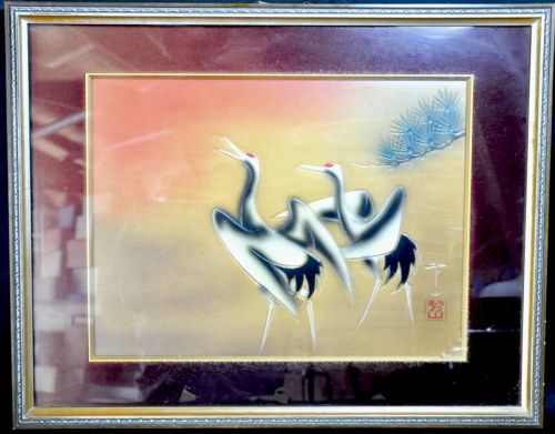 50% OFF! Vintage Yoshiyama Sculpture Pair of Cranes Lucky Framed Introductory Figure Width 61cm Height 48cm Great sculpture frame! ①SY