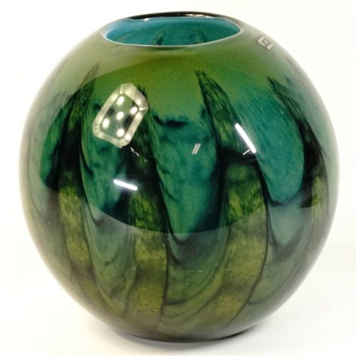 Showa Vintage JCG Green Flower Base Colored Glass Vase Retro Diameter 21cm Height 20.5cm Green gradation, beautiful pattern! TKM