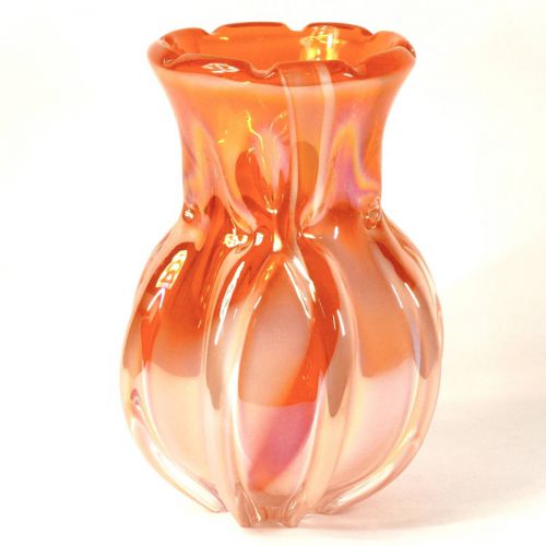 KURATA クラタクラフトガラス ハンドメイドフラワーベース レトロ 高さ24.5㎝ 虹彩とオレンジの被せガラスが織りなす美しい色彩 TKM