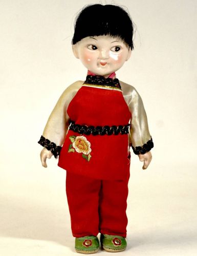 Chinese antique celluloid doll Girl wearing a folk costume Width 11 cm Depth 5 cm Height 21 cm Facial expression, appearance, and aged taste are wonderful gems! TKM