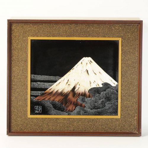 Showa Vintage Mt. Fuji Unkaizu Raden Lacquering Board Framed Width 42.5 cm Height 36.5 cm The brilliance of the iris of Raden, a gem that expresses the magnificent Mt. Fuji! TKM