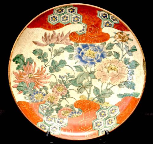 50% OFF! Japanese antiques! Jidaimono Bakumatsu-Meiji period Kokutani color painting grass flower crest decorative plate Width 22cm X Height 3cm Estate sale! THY