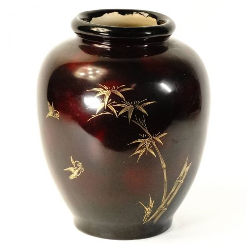 昭和ビンテージ　沈金竹鳥紋陶漆花瓶 陶器に漆、沈金を装飾した美しい花瓶! 直径18㎝　高さ22㎝ ※縁に漆の剥がれあり　TKM