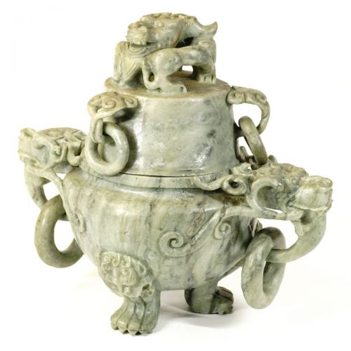 Chinese antique antique art jade fine carving jade incense burner openwork carving dragon head picking lid dragon tripod with shuanglongtou ear