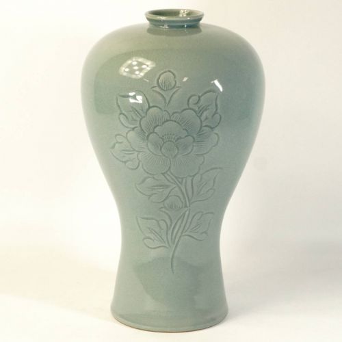 Korea Goryeo Celadon Zhao Kyo Ceramics Research Institute Zhao Kyo Saku Peony Crest Celadon Vase Diameter 18 cm Height 32.5 cm Unused Deadstock Co-box TKM