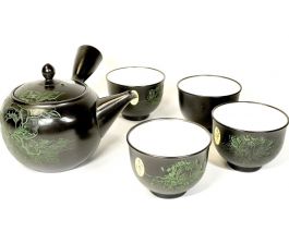 50%OFF 常滑焼 細密彫刻牡丹紋黒泥煎茶器 急須・湯呑 4客 急須：北