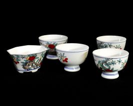 Early Showa period Kyoto ware by Seikai Naito Sencha set with flower and  bird design overglaze enamel set Yuzamashi and teacup set for 4 customers 