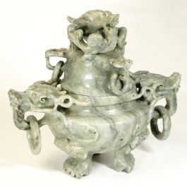 中国古玩 古美術 玉製 細密彫刻翡翠香炉 透かし彫り 龍頭摘蓋 双龍頭